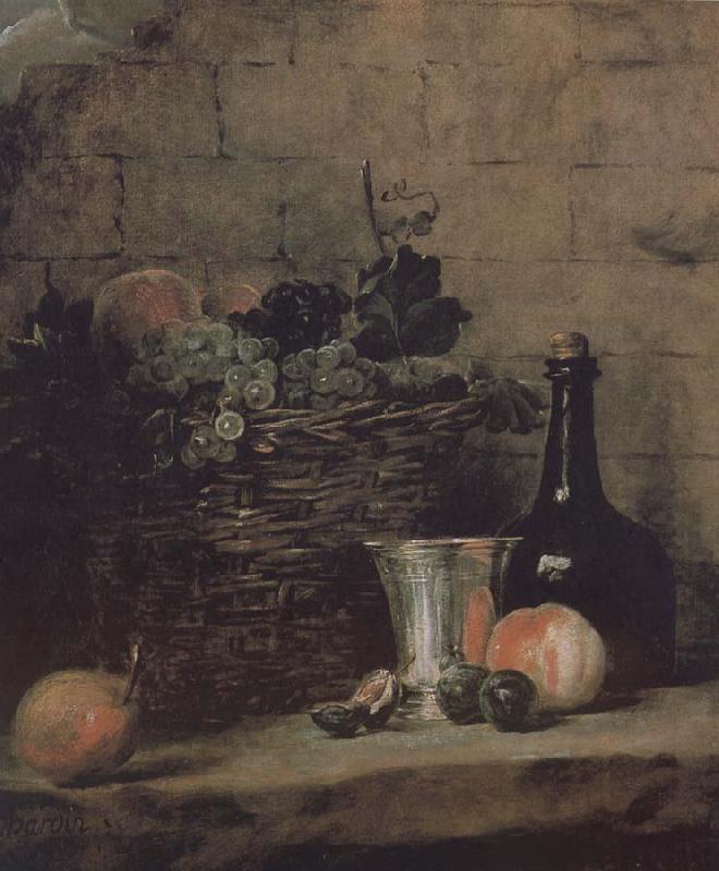 Jean Baptiste Simeon Chardin Silver wine bottle grapes peaches plums and pears oil painting image